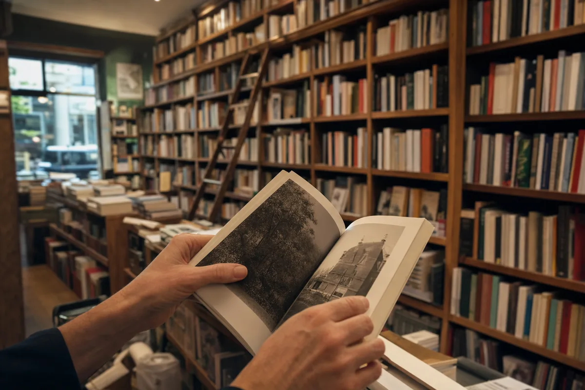 Intérieur d&rsquo;une librairie indépendante parisienne aux rayonnages de bois