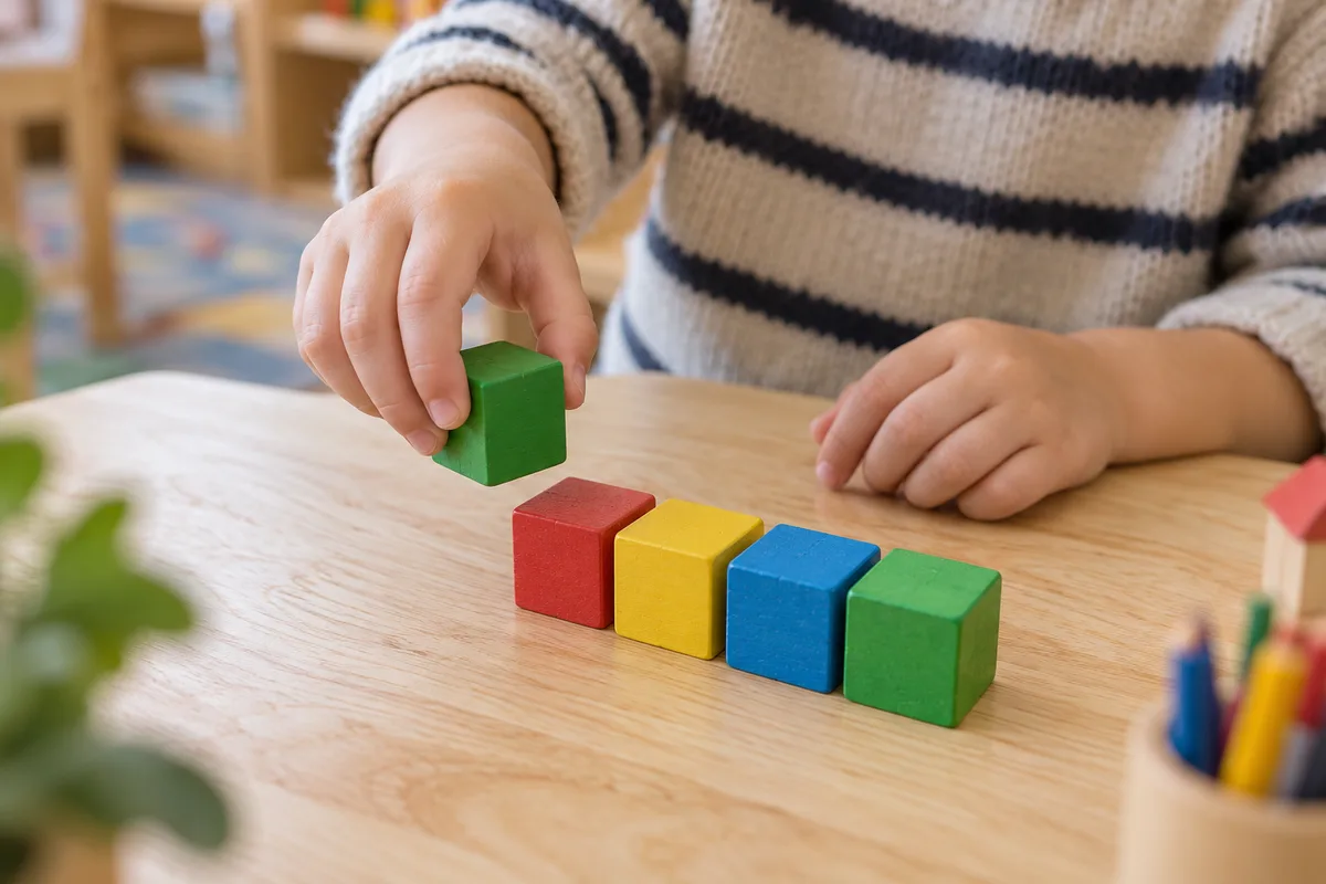 Mains d&rsquo;enfant alignant des cubes de bois colorés en rangée sur une table basse
