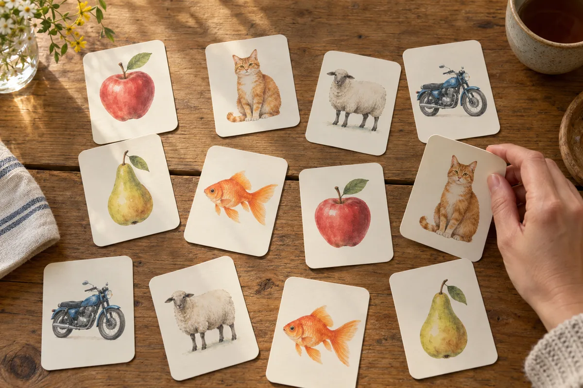 Cartes illustrées de fruits et d&rsquo;animaux étalées sur une table pour un jeu de sons