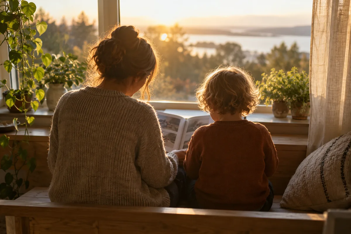Adulte et enfant vus de dos sur un banc près d&rsquo;une fenêtre, un album ouvert entre eux