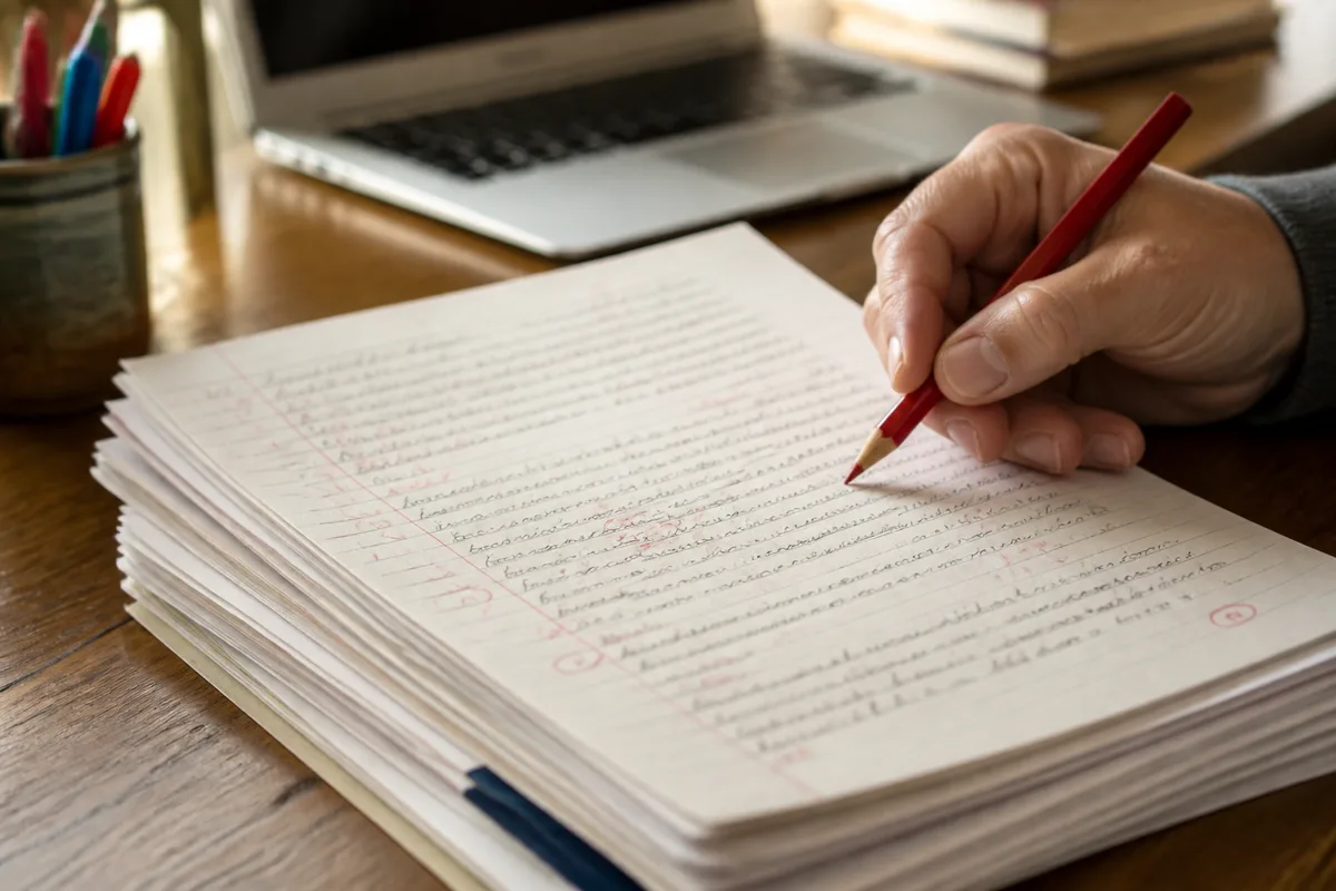Copie manuscrite annotée au crayon posée à côté d&rsquo;un écran d&rsquo;ordinateur portable sur un bureau en bois