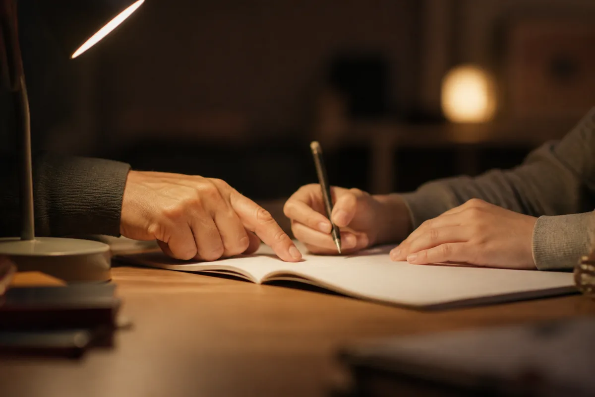 Deux mains d&rsquo;adulte et d&rsquo;adolescent tournées vers un cahier ouvert, lumière chaude de lampe de bureau en fin de journée