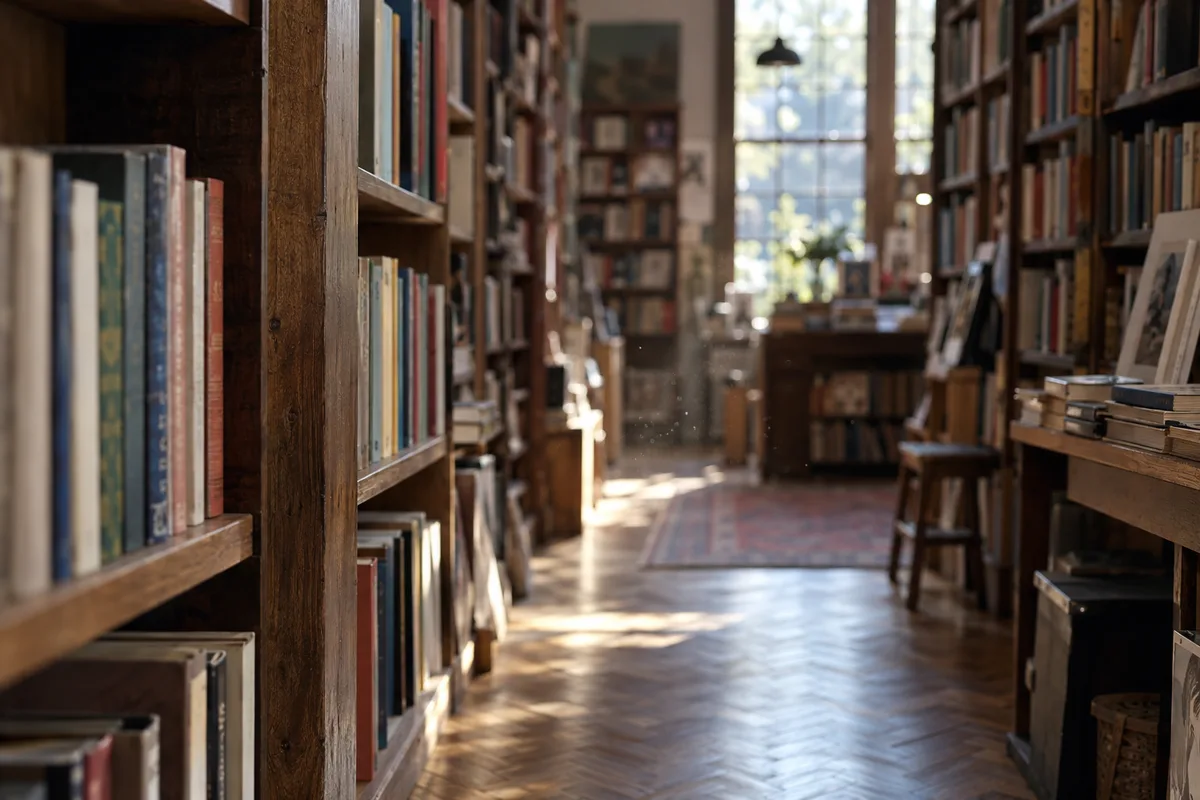 Rayon de librairie vu en perspective, étagères de livres légèrement floues vers le fond