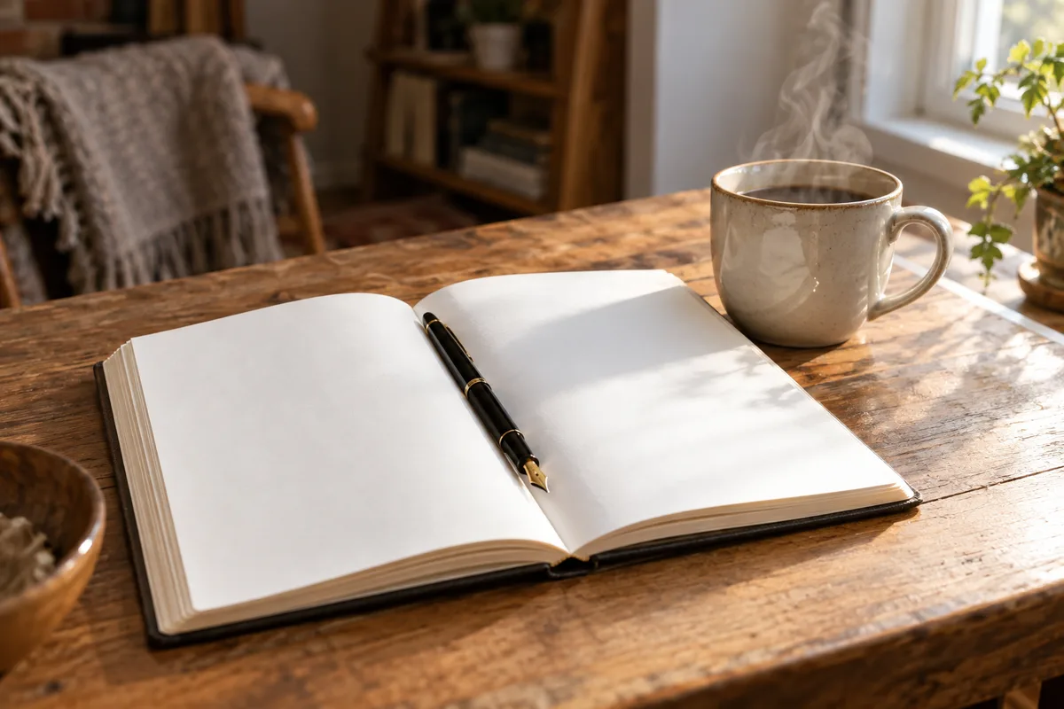 Carnet ouvert avec un stylo posé dessus et une tasse fumante près d’une fenêtre lumineuse