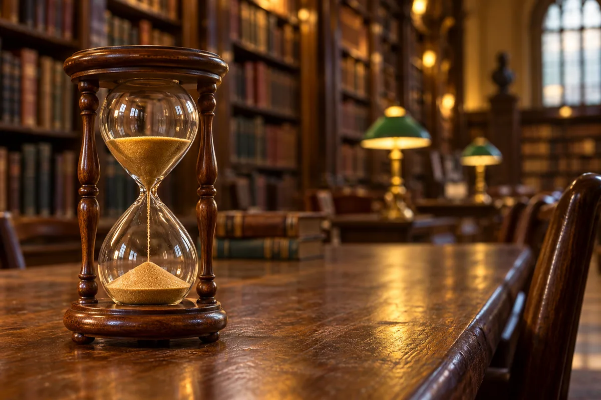 Sablier en verre posé sur une longue table de bibliothèque vide, rangées de livres aux dos unis floues à l&rsquo;arrière-plan