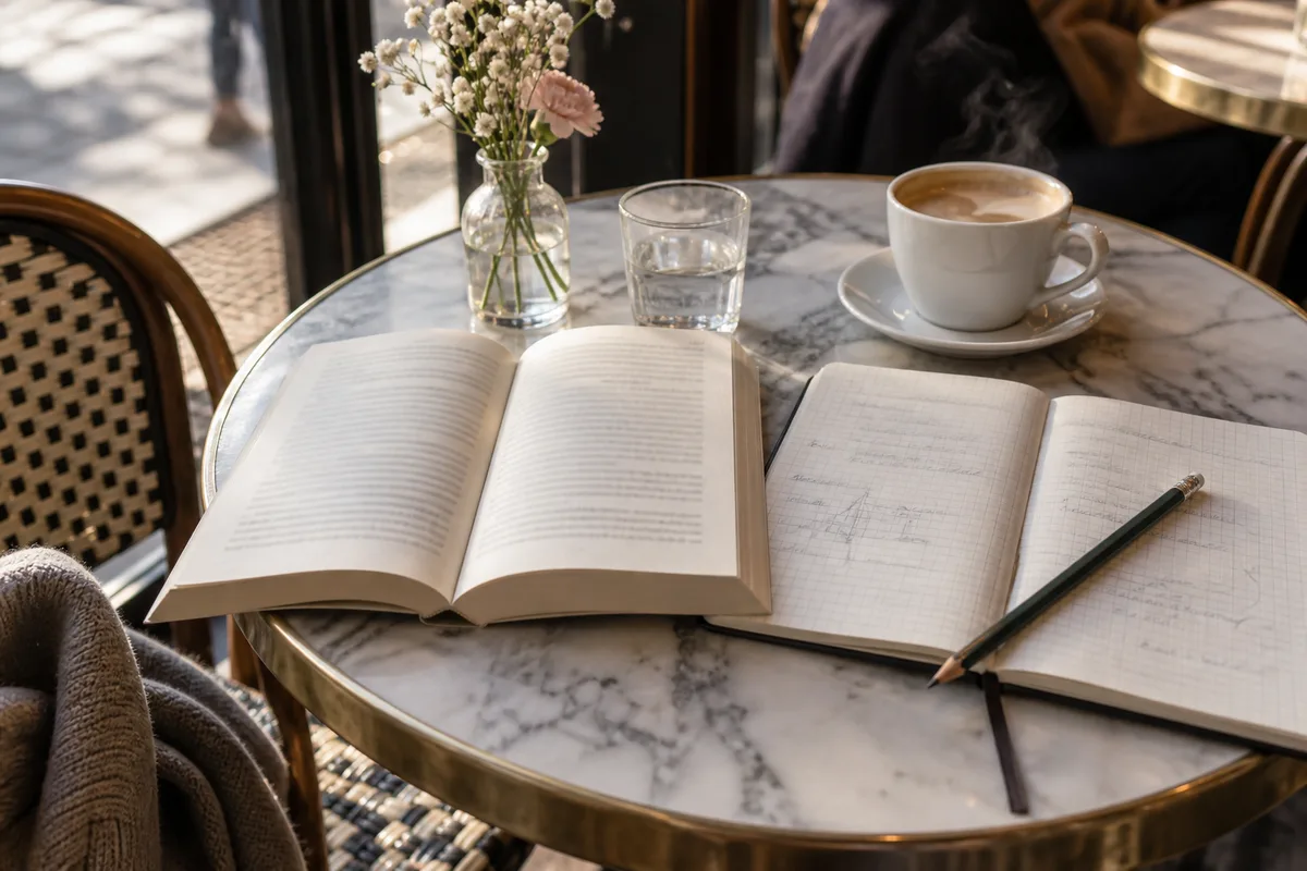 Livre de poche en anglais ouvert sur une table de café à côté d’un carnet de vocabulaire