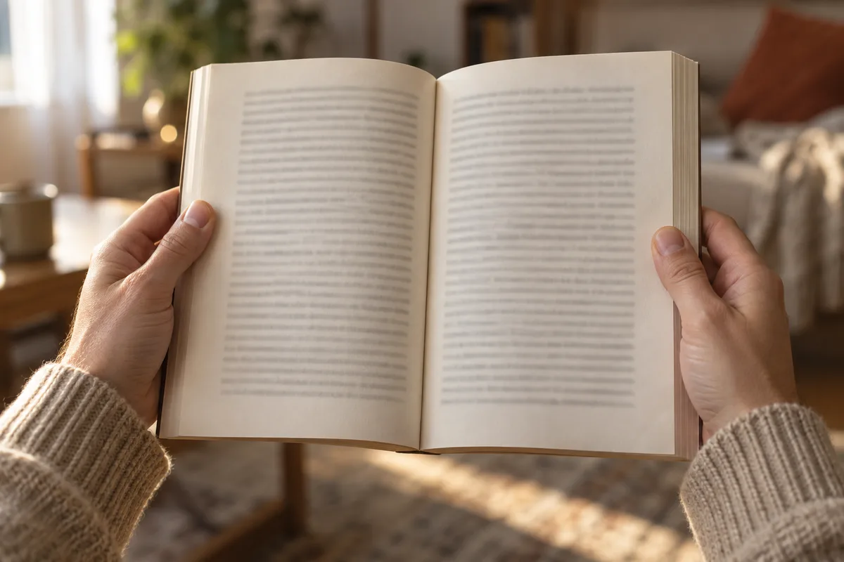 Mains tenant ouvert un livre bilingue aux deux pages de texte en regard