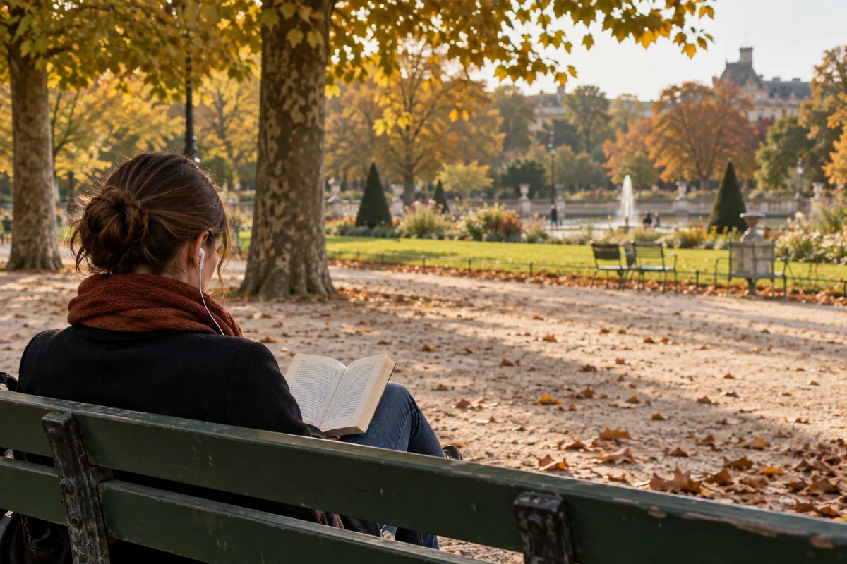 Lectrice vue de dos sur un banc de parc, écouteurs sur les oreilles et livre ouvert sur les genoux