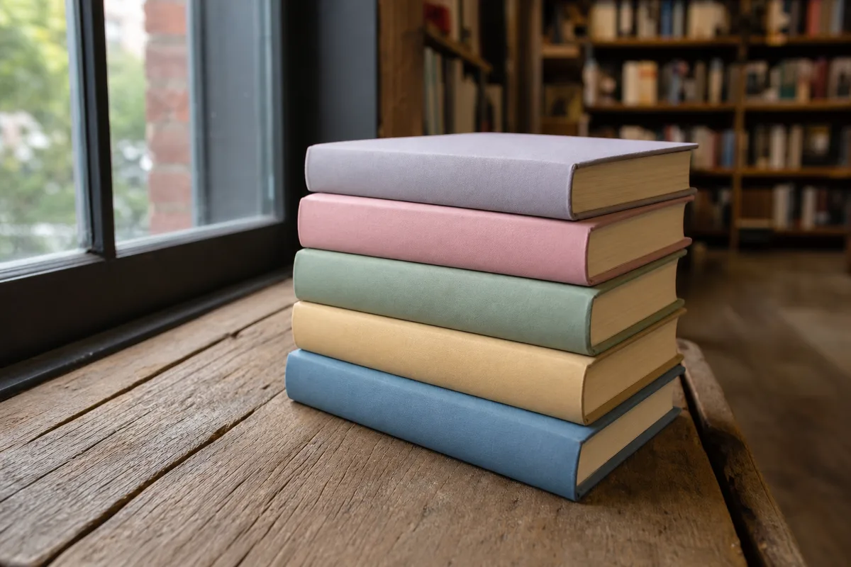 Pile de romans aux couvertures colorées posée sur une table en bois près d’une fenêtre de librairie