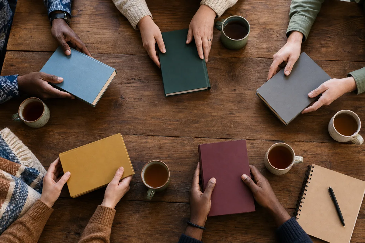Cercle de lecture vu de haut, plusieurs mains autour de livres et de tasses sur une grande table en bois