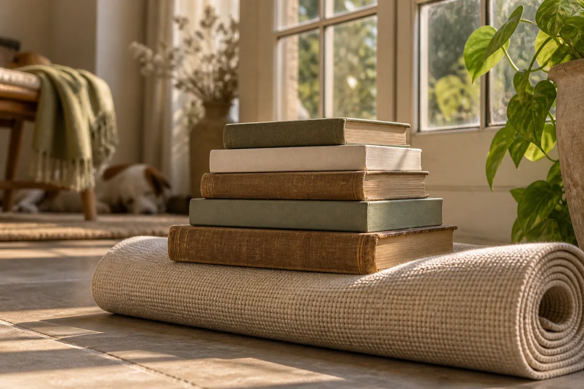 Pile de livres anciens et récents posée sur un tapis de yoga roulé près d&rsquo;une fenêtre