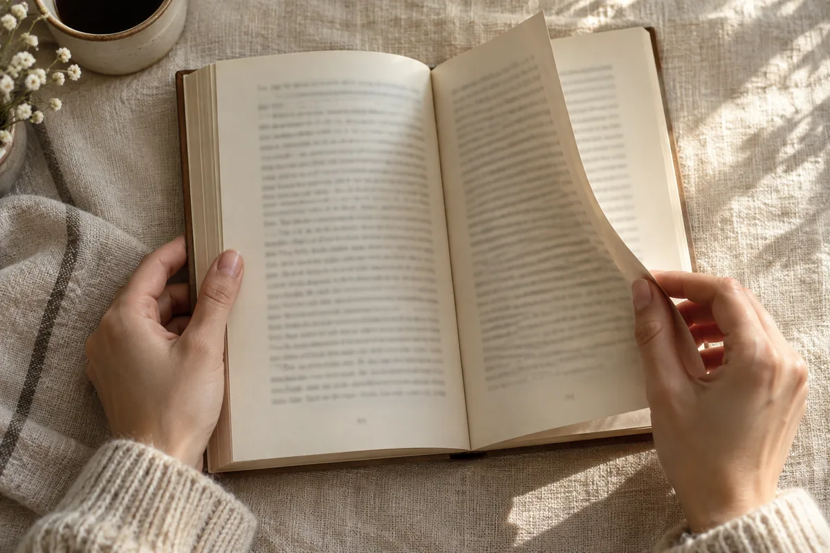Mains tournant les pages d&rsquo;un livre au papier crème posé sur un tissu de coton écru