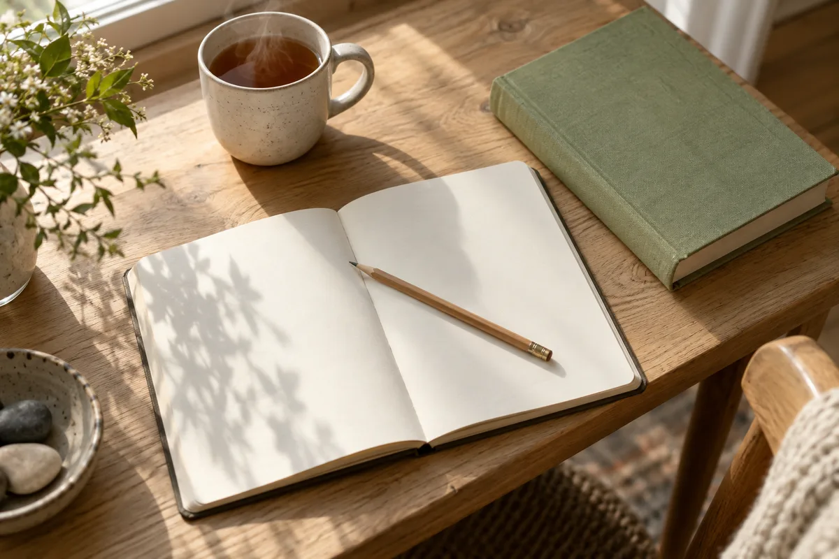 Carnet ouvert et tasse de thé posés à côté d&rsquo;un livre fermé sur une table en bois clair