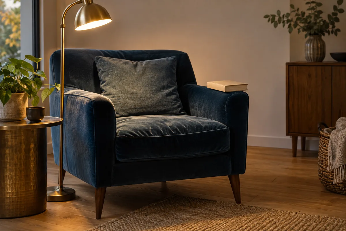 Fauteuil de lecture vide près d’une lampe allumée, un livre fermé posé sur l’accoudoir