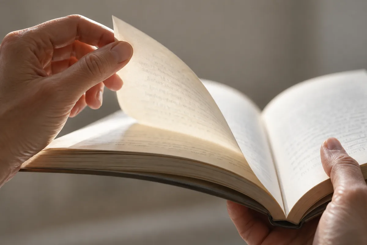 Mains tournant la page d’un livre ouvert, pages floues dans la lumière du jour