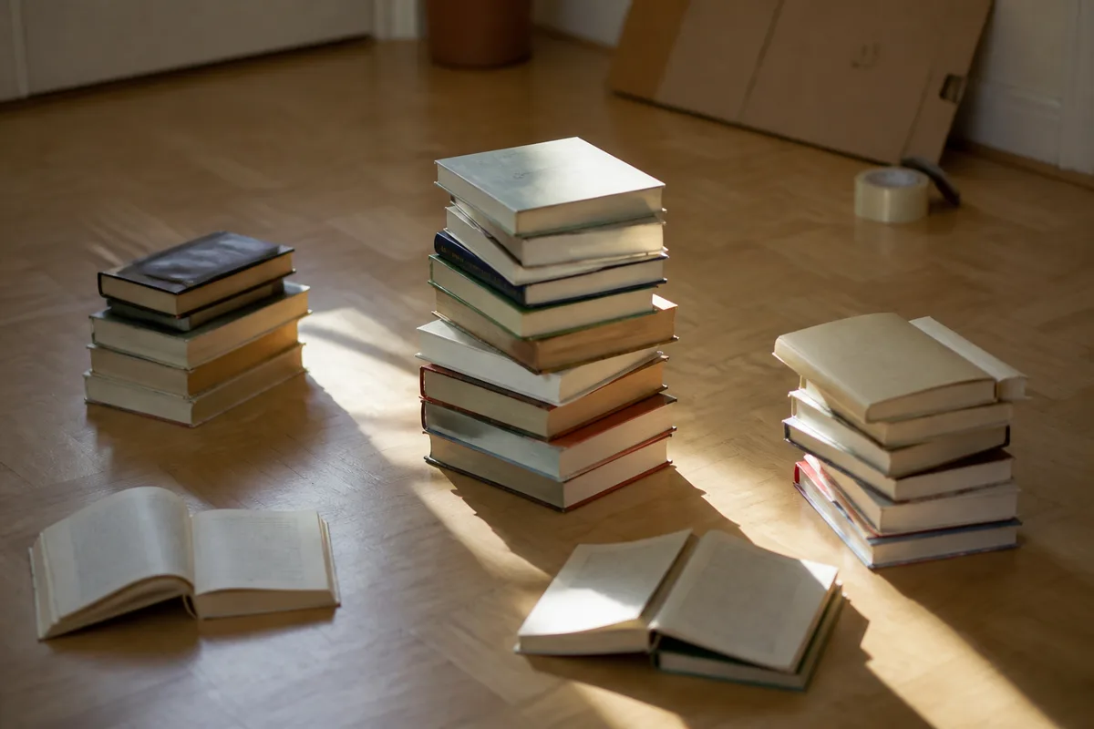 Trois piles de livres triés sur un parquet, dans la lumière d’une fenêtre
