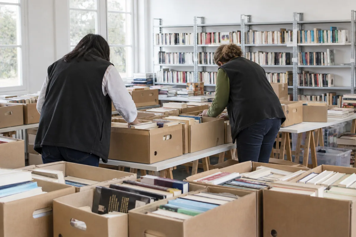Bénévoles triant des cartons de livres dans un local associatif