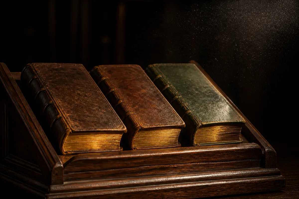 Trois volumes anciens reliés de cuir posés sur un lutrin de bois dans une librairie