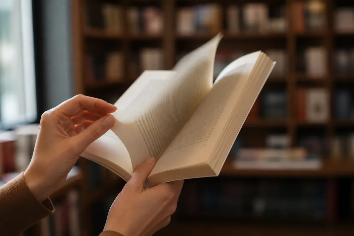 Mains d’une lectrice tournant la page d’un roman ouvert devant des rayonnages