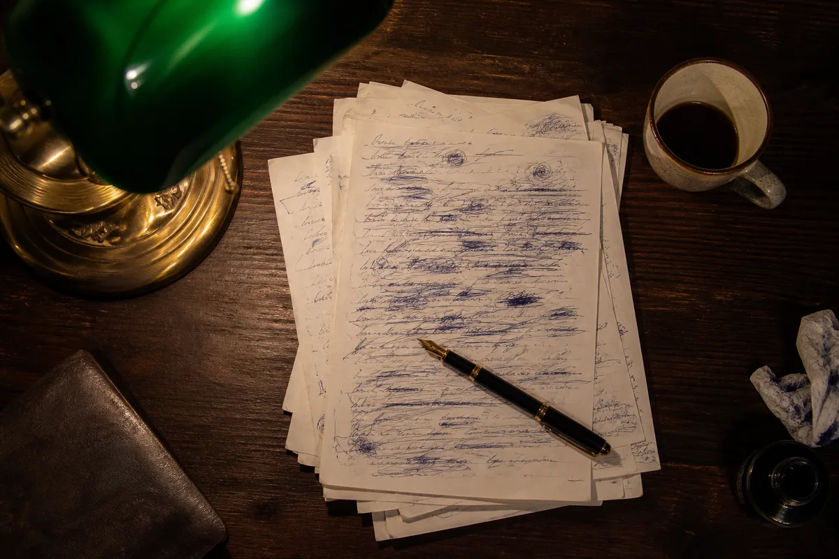 Bureau d’écrivain vu de haut avec feuillets manuscrits, stylo plume et lampe à abat-jour