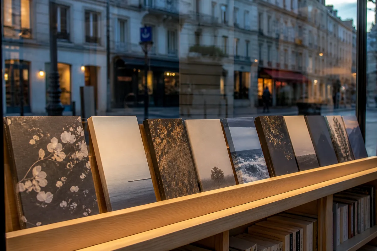 Vitrine de librairie indépendante vue de l’intérieur avec romans debout sur un présentoir de bois clair